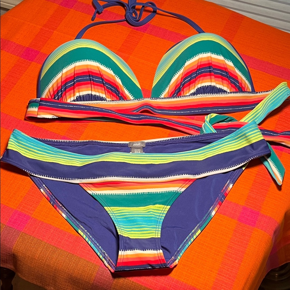 Aerie Multicolor Striped Bikini, Top Size XL, Bottom Size Large